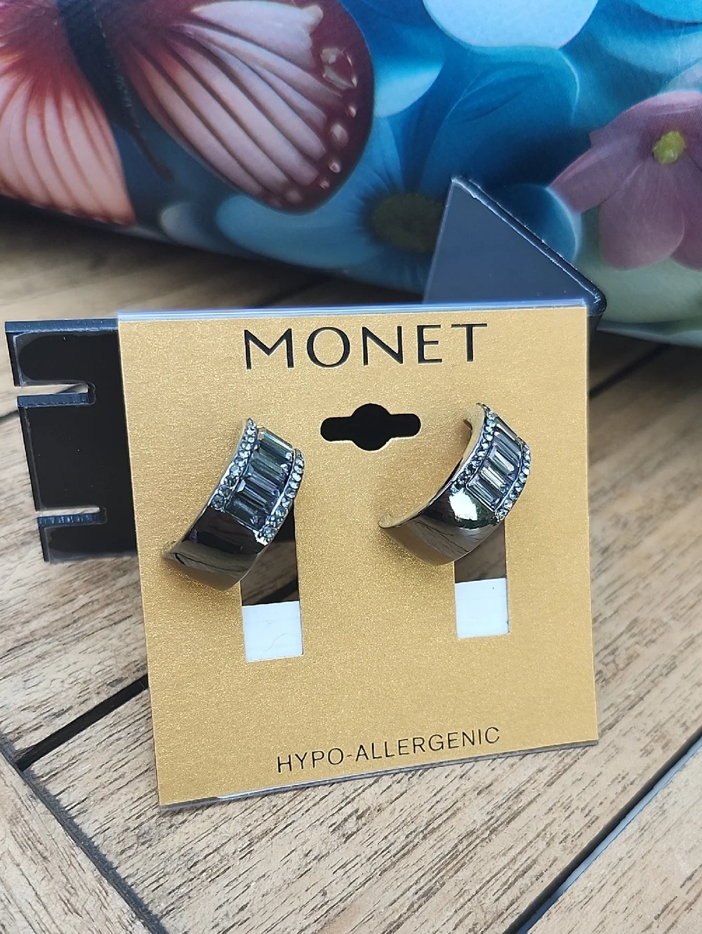 Monet Gunmetal Curved Hoop Earrings with Clear Rhinestones